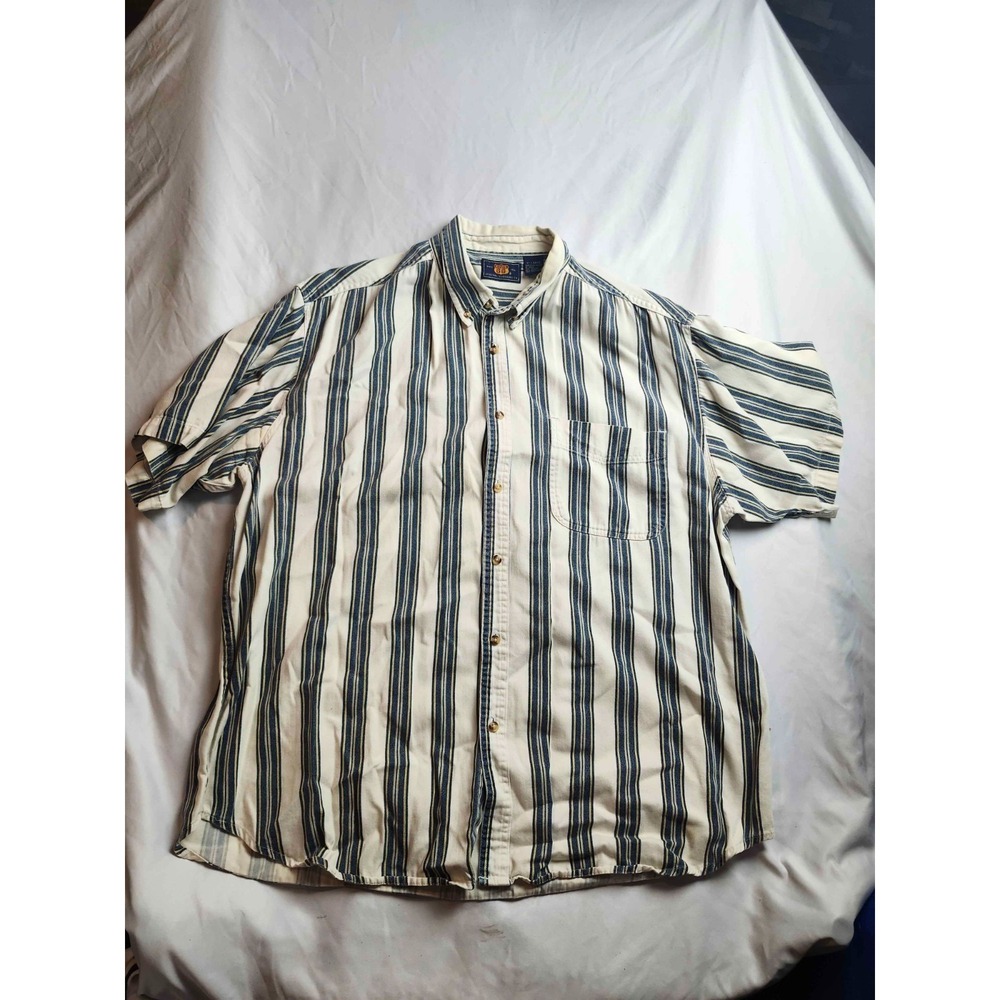 Route 66 Button Down Shirt Mens Size XL‎ White Blue Woven Striped Casual Vintage